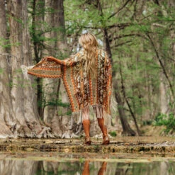 HOOey Ladies Long Kimono Tan/Cream/Orange With Cream Fringe -Hooey Brands 2R5A5298