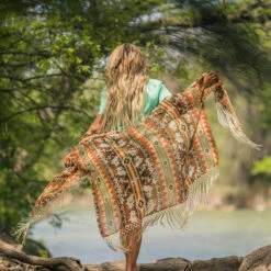 HOOey Ladies Long Kimono Tan/Cream/Orange With Cream Fringe -Hooey Brands 2R5A5469