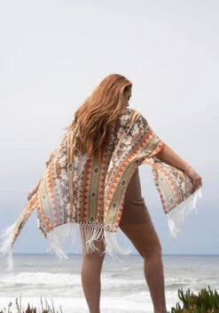 HOOey Ladies Long Kimono Tan/Cream/Orange With Cream Fringe -Hooey Brands 2R5A8045