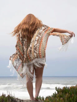 HOOey Ladies Long Kimono Tan/Cream/Orange With Cream Fringe -Hooey Brands 2R5A8059