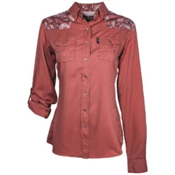 HOOey "Sol" Ladies Marsala W/Floral Pattern Detailing Long Sleeve Pearl Snap Shirt