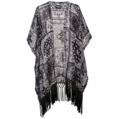 HOOey Ladies Long Kimono Black/White Bandana W/Black Fringe