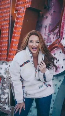 HOOey "Ladies Sherpa Pullover" Cream W/Multi Color Aztec Pattern Accents -Hooey Brands P1099461