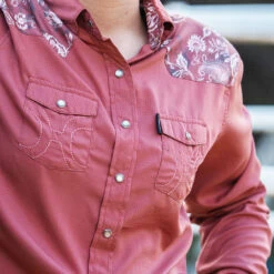 HOOey "Sol" Ladies Marsala W/Floral Pattern Detailing Long Sleeve Pearl Snap Shirt -Hooey Brands oXz4OHu0